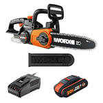 WORX - Tronçonneuse sans fil 20V- WG322E.1- guide de 25 cm (Livrée avec une batterie et un chargeur, Légère et compacte, indicateur de niveau d'huile, auto-lubrification de la chaîne)