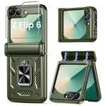 Lanhiem Coque pour Samsung Galaxy Z Flip 6, Coque pour Samsung Galaxy Z Flip 5 avec Avant Protection Écran et Charnière, Anneau Support Renforcée Etui, Antichoc Étui de Militaire Protection, Vert