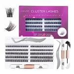 Individual Lashes 120 Cluster Lashes DIY Eyelash Extension Thin Band Wide Stem Clusters with Tweezers and Lash Bond and Seal Kit Mix 10-16mm Length C/D Curl - OP01