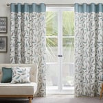 Fusion - Duck Egg Blue Leaf Curtains W66 x L72 (168 x 183cm) - 100% Cotton - 2x Panels - Eyelet Curtains in Duck Egg - Blue Floral Curtains for Bedroom & Living Room - Beechwood Collection