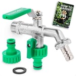 BFG Outside Tap Kit for Garden Hose, 1/2" BSP Inlet and Two 3/4" BSP Outlet, Hose Pipe Connector, Water Butt - Nickeled Brass Tap, Double Tap Ball Valve, Garden Tap Hose Connector and Ebook