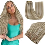 RUNATURE Extension Clip Cheveux Naturel Blond Extension Cheveux Clip Remy Hair Brun Clair avec Blond Platine Extension a Clip Cheveux Naturel Lisse 20 Pouces/50cm 7pcs/120g #8P60