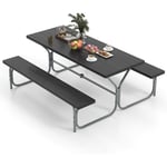 Ensemble Table et Bancs de Pique-Nique avec Cadre Métal, Ensemble de Jardin Imperméable pour 8 Personnes Banc Charge 250KG Trou pour Parasol, 183 x