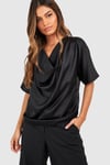 Satin Cowl Neck Short Sleeve Blouse