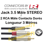 Câble 2 RCA Male vers Jack 3.5 STEREO Mâle Métal 3 Metres Rean By Neutrik AG