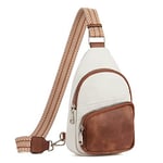 CLUCI Sac de Poitrine pour Femme, Petit Sac à bandoulière PU Cuir, Sac de Ssport Décontracté Sacoche Bandouliere, Sling Bag Crossbody bag Bandoulière réglable，Blanc avec marron