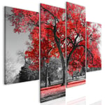 decomonkey | Canvas Print Landscape Tree | 49.6" x 38.6" 126x98 cm | Wall Art | Wall Picture | Non-Woven Canvas | Photo 4 pieces | City Park Image Decoration Print Decor | Living Room | Red Black Grey