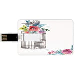 64G USB Flash Drives Credit Card Shape Watercolor Memory Stick Bank Card Style Sketch of a Bird on an Empty Cage with Colorful Flowers Nature Imagery Decorative,Brown Multicolor Waterproof Pen Thumb L