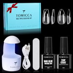 TOMICCA Kit Capsule Americaine Ongle, 240 PCS Capsules Ongle Amande Moyen & Ballerina Moyen, Avec 6 en 1 Colle Faux Ongles Top Coat Semi Permanent Et Mini Lampe UV Ongles Gel