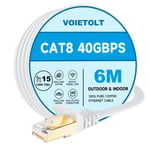 CAT8 Câble Ethernet 6M,40Gbps/2000Mhz Haut Débit Gigabit RJ45 LAN Câble Réseau Internet,Cat-8 Plat Câble PatchBlindé Robuste pour PS4/5 Ordinateur Modem PC TV. (Blanc)