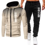 BOSS Herr Tracksuit 2-delad Hoodie Långärmad Zip-up Jacka med Casual Joggingbyxor Sweatsuit Set Khaki-Black XL