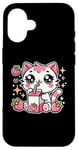 iPhone 16 Funny Cat Kawaii Strawberry Milk Cartoon Anime For Women Case