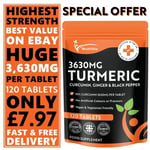 TURMERIC CURCUMIN GINGER AND BLACK PEPPER 3,630MG X 120 Tablets 95% CURCUMINOIDS