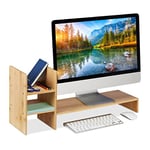 Relaxdays Bamboo Monitor Stand, Screen Raiser for Desk Display, HWD: 30 x 67 x 20 cm, Ergonomic, 4 Compartments, Natural