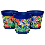 Hum Flowerpots set of 3 plastic, indoor/outdoor plant pots 25cm diameter and 3 saucers 19cm diameter (Blue Leaves)