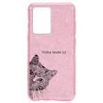 Coque Iphone 12 MINI paillettes rose chat noir personnalisee