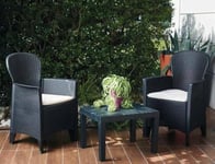 Dmora - Ensemble de salon d'extérieur Foggia, Composition de jardin avec 2 fauteuils et 1 table basse, Salon effet rotin avec coussins, 100% Made in Italy, Anthracite