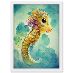 Doppelganger33 LTD Cute Baby Seahorse Kids Bedroom Watercolour Illustration Artwork Framed A3 Wall Art Print