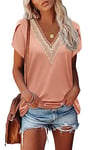 Famulily Summer Tops for Women 2023 Dressy Blouses, Ladies Lace V Neck Short Petal Sleeve T-Shirts, Elegant (L, Pink)