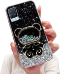 Case Paillettes Pour Oppo Realme 8 Pro 4g Sable Mouvant Ours Astronaute Béquille Coque,Bling Maquillage Miroir Pliant Supporter Silicone Flexible Housse Étui De Potection