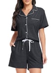 Lovasy Pyjama Coton Femme Short Ensemble Pyjamas Légers Col V Manches Courtes Chic Été 2 Pièces Vêtements de Nuit Court Boutonnée A Gris Foncé XXL