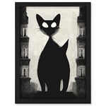 Doppelganger33 LTD Giant Black Cat Le Chat Noir City Monochrome Illustration Artwork Framed A3 Wall Art Print