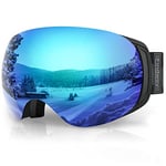 Findway Masque de Ski Magnetique, Lunettes de Ski Femme Homme OTG pour Snowboard et Ski Anti-buée, Anti-UV 400,Blau Interchangeables Lentille Sphérique