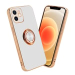 Coque pour Apple iPhone 12 en Glossy Blanc - Or avec anneau Housse de protection Étui en silicone TPU flexible, avec protection pour appareil photo et support voiture magnétique - Neuf