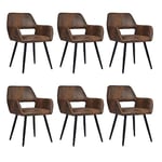 MEUBLE COSY Cromwell Brown Lot de 6 Chaises de Salle à Manger Fauteuil Vintage Assise rembourrée en suédine Pieds en métal pour Cuisine Salon Chambre Bureau, Marron, 56x56x78cm