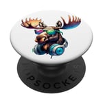 Cool Moose With Sunglasses And Headphones - Fun Retro Animal PopSockets Adhesive PopGrip