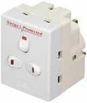 13A 3 Way 3 Gang Switched Surge Protected Plug-In Adapter with Neon Switch–White