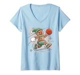 Womens Gingerbread Man Playing Basketball - Christmas Sports Fun V-Neck T-Shirt