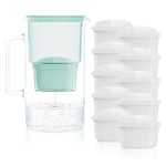 Wessper Carafe Filtrante en Verre avec dix Filtres pour Carafes, Compatibles avec Brita Maxtra, Brita Maxtra+, Grande capacité 2,5l, Kit Carafe + 10 cartouches- Menthe