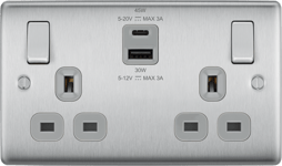 BG NBS22UAC45G Brushed Steel Double Socket with USB 45W Type A & Type C USB