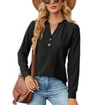 KONFEN T-Shirt Manches Longues Femme, Chemise Col V à Manches Longues Tshirt Boutonnée Blouse, Chic Elegant Tee Shirt Décontracté Loose Hauts Tops Automne Hiver pour Femmes, Noir M