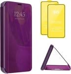 Compatible Avec Coque Samsung Galaxy S21 Ultra Flip Clear View Translucide Miroir Cover Standing 360°Housse Étui Antichoc Smart Cover Bumper + Film Verre Trempé 2 Pièce-Violet