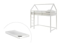 Lit mezzanine cabane 90 x 190 cm - Pin - Blanc + Matelas - TARZIA