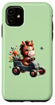 Coque pour iPhone 11 Adorable cheval en voiture avec fleurs sur fond vert