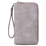 Nubuck Cuir Portefeuille Femme Grande Capacite Porte Monnaie Zippé Porte Carte avec Bracelet Gris Clair