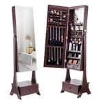 VEVOR Armoire à Bijoux avec Miroir Pleine Longueur, Organisateur de Bijoux sur Pied avec Rangement, Meuble de Rangement pour Bijoux Verrouillable, Doublure en Velours, LED Intérieur, Tiroir, Marron