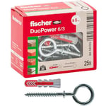 Fischer Lot de 25 chevilles Duopower avec œillet fermé, 6 x 30 mm, universelles, pour mur plein, brique perforée, cloison sèche, gris/rouge, 541745