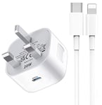 iPhone Charger Cable and Plug, 20W USB C Plug and Cable for iPhone, USB Type-C Adapter Plug UK Fast Charging Lead 1M and Plug for Apple iPhone 14 Pro/13 Pro/13 Pro Max/12 Pro/12 Pro Max/X/XR/XS/SE