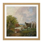 Artery8 After Gainsborough Figures Cattle In Landscape Painting Square Wooden Framed Wall Art Print Picture 16X16 Inch