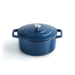 Qulinart by Brandt - Cocotte en Fonte d'Acier Individuelle Couvercle en Fonte avec Bouton en Inox - Convient pour Induction - Passe au Four - Bleu (Ronde)