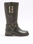 River Island Older Girl Faux Leather Buckle Biker Boots - Black, Black, Size 12 Younger