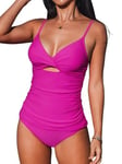 CUPSHE Tankini pour femme - Col en V - Découpe froncée dans le dos - Crochet sur le devant - Taille mi-haute - Bas réversible - Maillot de bain deux pièces, Magenta/noir, L