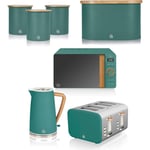 Swan Nordic Jug Kettle 4-Slice Toaster Microwave Canisters & Bread Bin Set Green