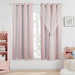 Deconovo Kids Blackout Curtains Noise Reducing Thermal Insulated Double Layer with Net Curtains Hollow Out Star Patter Eyelet Curtains for Bedroom with Tie Backs 52x54 Inch Pink/Grey 2 Panels