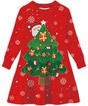 Girls Christmas Red Jumper Dress 4-11 Years Kids Winter Long Sleeves Knit Dresses XmasTree Reindeer Snowflake Dress 10-11 Years