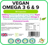 Vegan Omega 3, 6 & 9 Flaxseed 1000mg, Brain Heart Eyes (90 Soft gels) LINDENS UK